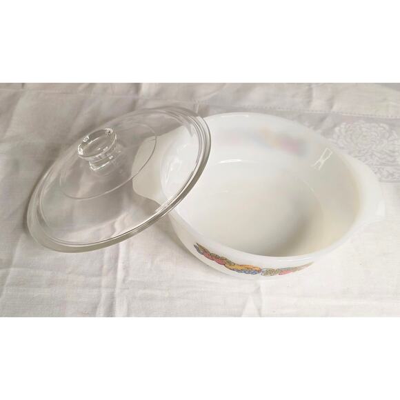 Vtg. Anchor Hocking Fire King Casserole Baking Dish w/Lid Nature's Bounty Round0 - Picture 3 of 4